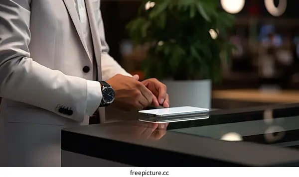 Businessman in white suit jacket using smartphone