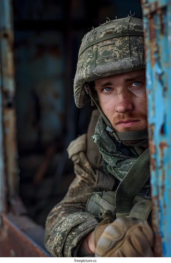 Portrait of a soldier in a military uniform and helmet