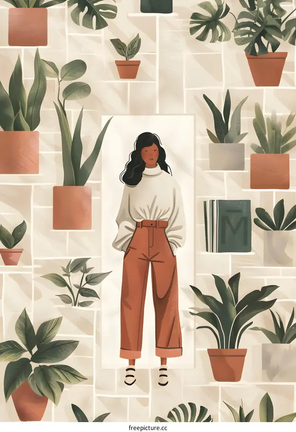 Woman Standing In Front of a Wall with Plants