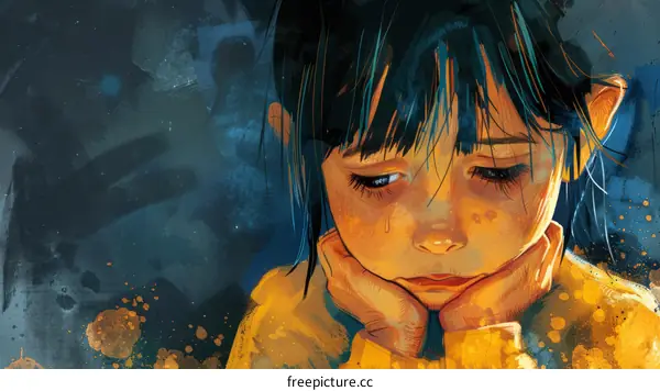 sad girl with dark hair and yellow sweater