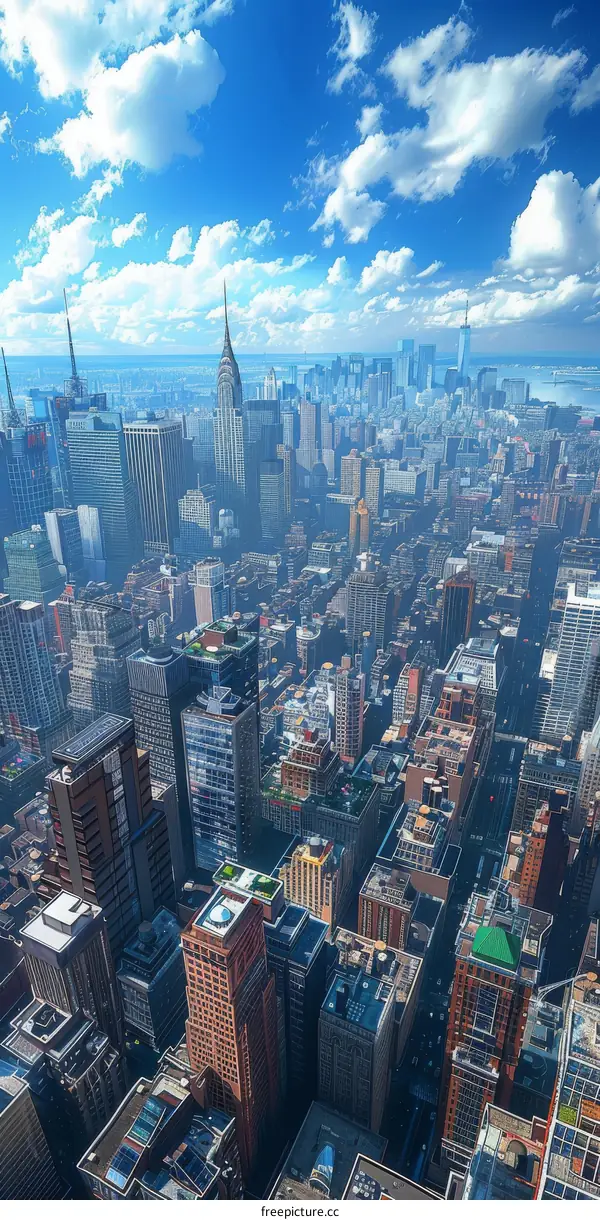 New York City Skyline with Blue Sky and White Clouds