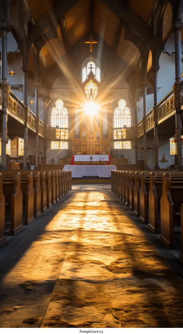 Sunlight shines through the stained glass windows of an empty church