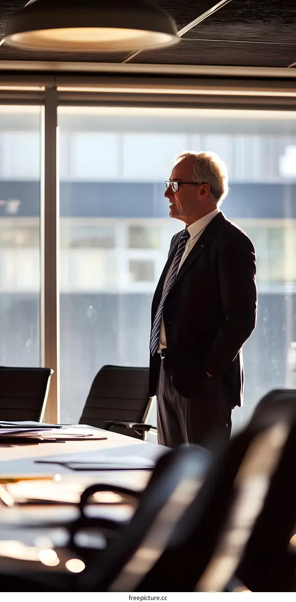 Businessman in Suit Looking Out of Window