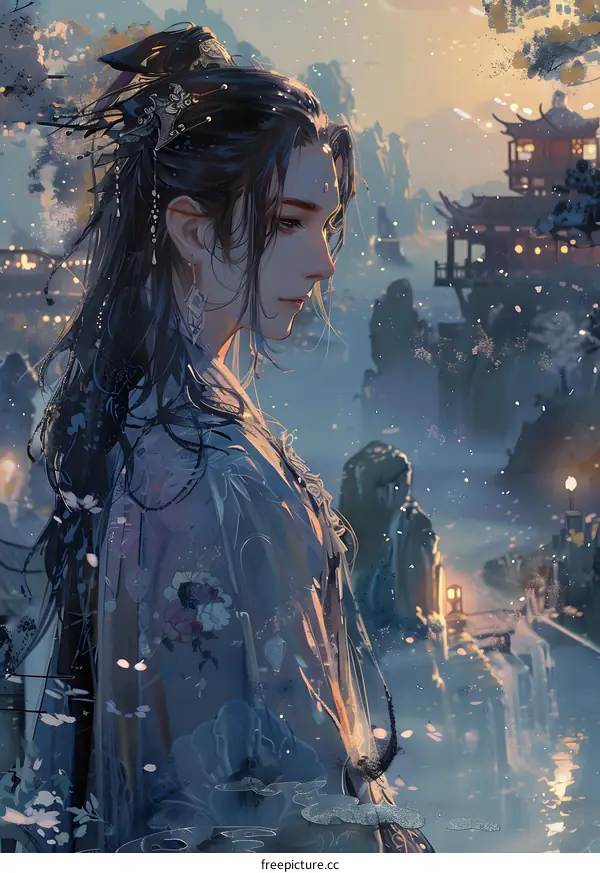 Fantasy Chinese Style Illustration with a Young Man in a Traditional Robe