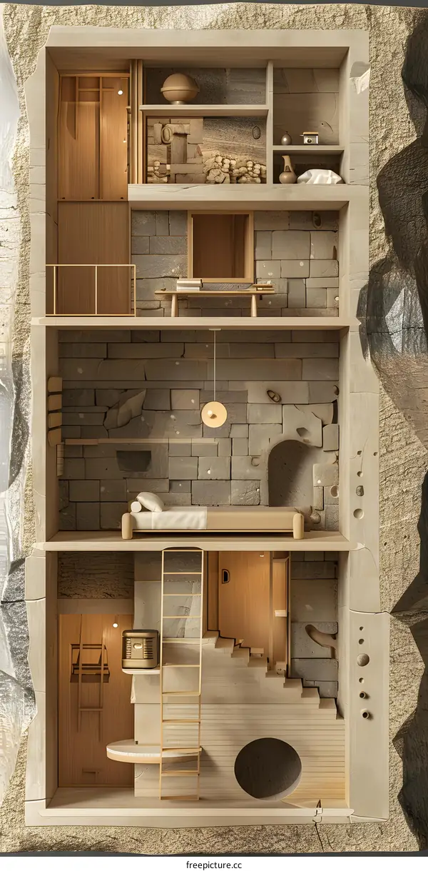 A cutaway illustration of a three-story house