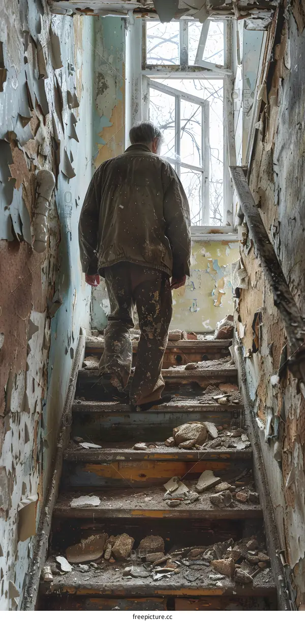 A man walking up a flight of stairs in an abandoned building