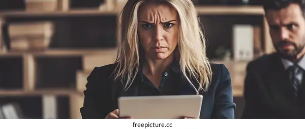 Worried Businesswoman Looking at Tablet With Man in the Background