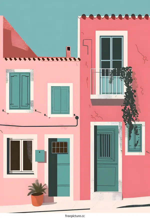 Illustration of two pink houses with blue doors and windows