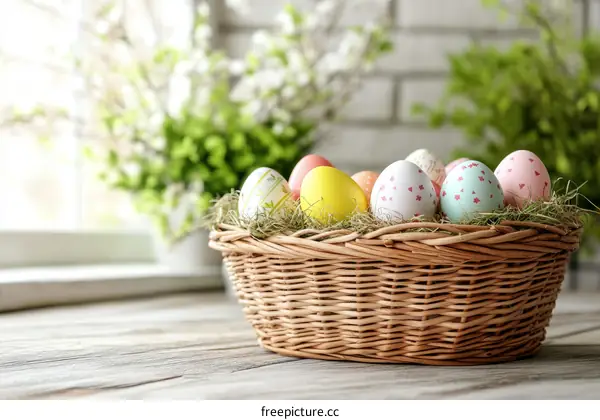 Easter Eggs in a Wicker Basket on Wooden Table