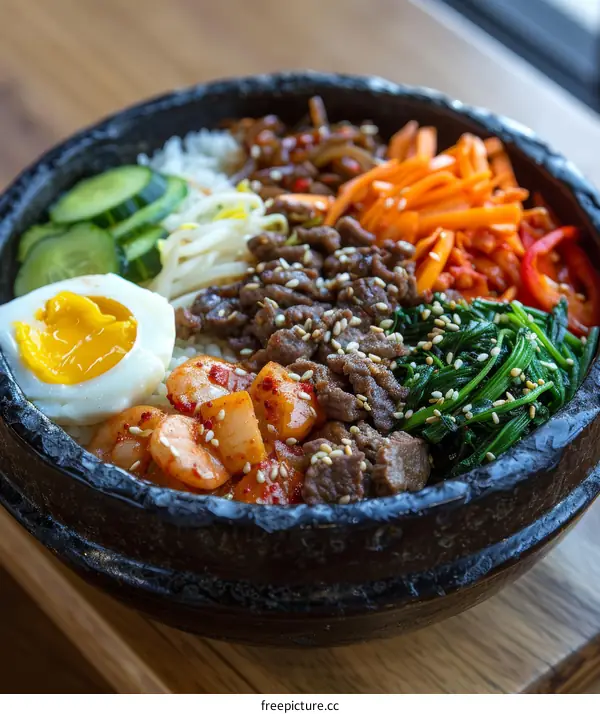 Korean food dolsot bibimbap with beef, egg and vegetables in a hot stone bowl