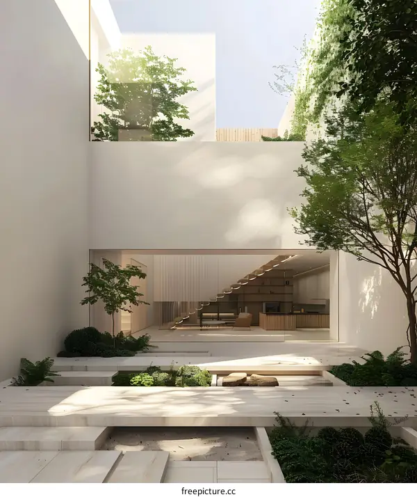 Modern Minimalist Courtyard Garden Design with Wooden Platform