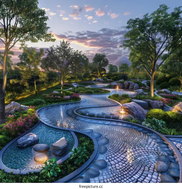 Modern Landscape Design with Water Feature and Pavilion