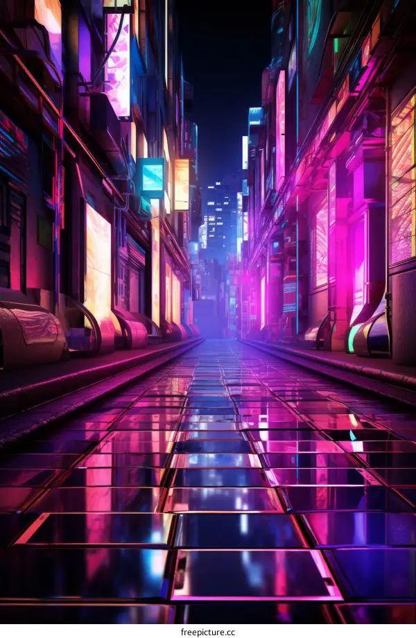 futuristic city street with neon lights reflecting off the wet pavement