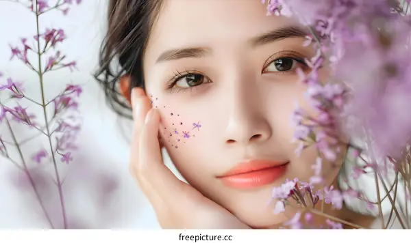 Close Up Portrait Of Young Woman With Flowers On Her Face