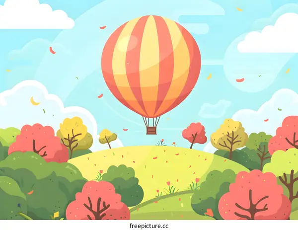Colorful Hot Air Balloon Flying Over Green Hills