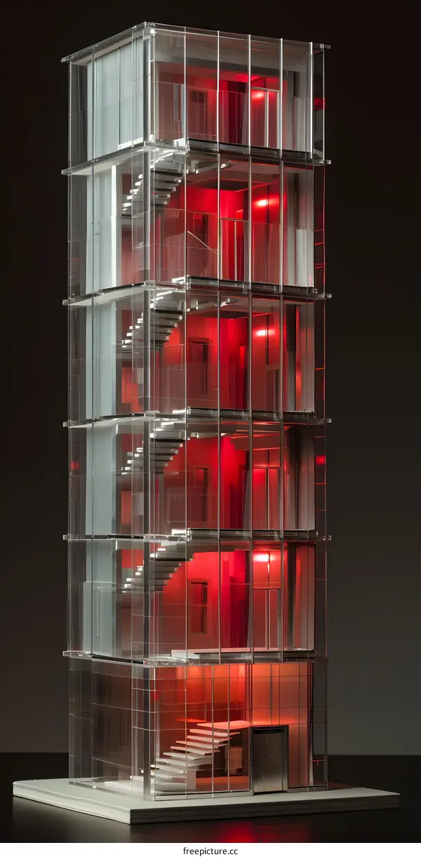 Glass Building Model with Red Lights and Stairs
