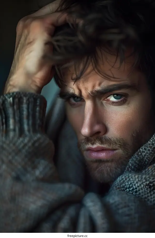 Portrait of a handsome young man with blue eyes and dark hair
