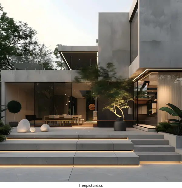 Modern Minimalist Concrete House with Glass Walls and Stone Steps
