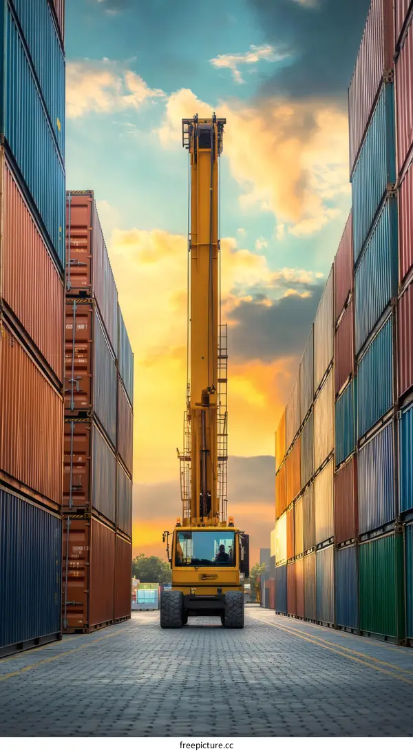 Yellow Crane Truck Between Shipping Containers at Sunset