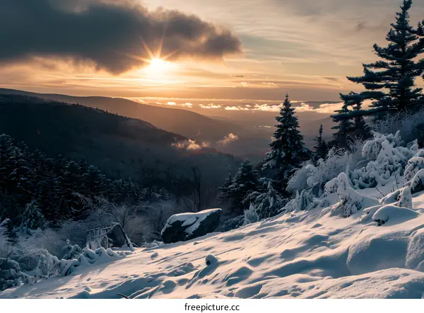 Snowy Mountain Landscape at Sunset