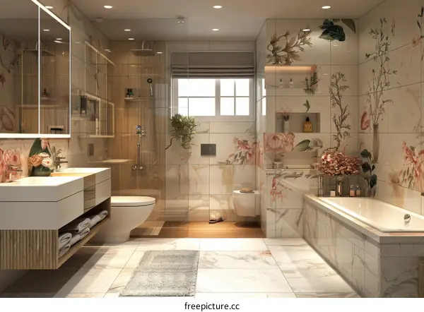Modern Bathroom Interior with Floral Tiles