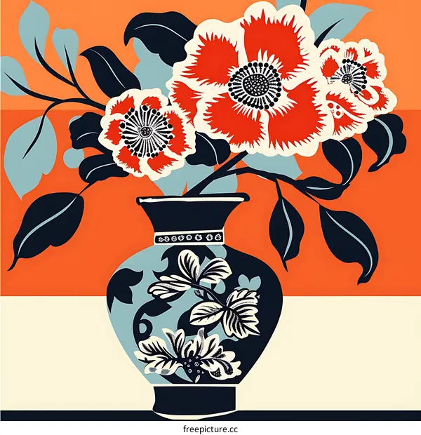 Blue and White Vase with Red Flowers