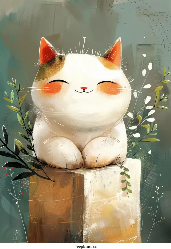 A cute cat is sitting on a box and smiling.