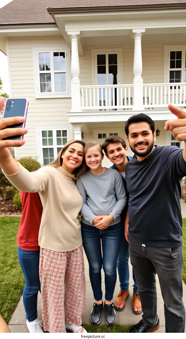 Group of friends taking selfie in front of their new house
