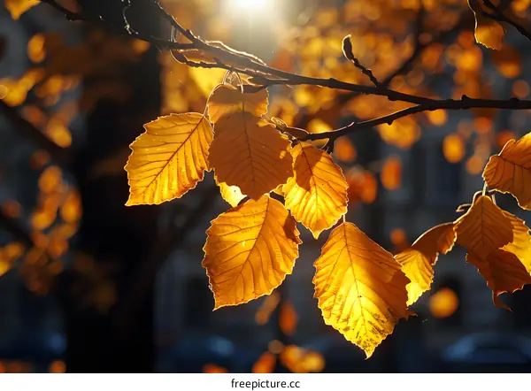 Autumn Leaves Sunlit Tree Branch