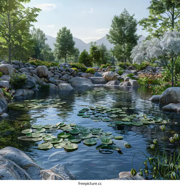 Stunning Nature Garden Landscape with Waterfall and Mountain Peak
