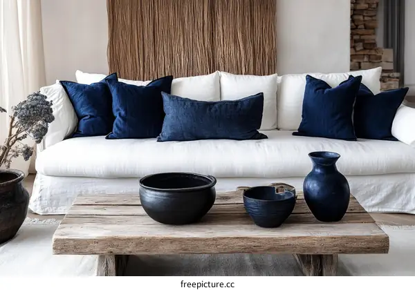 Modern White Sofa with Dark Blue Pillows and Rustic Coffee Table