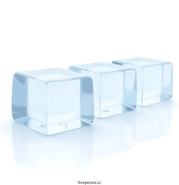 Three Transparent Ice Cubes on White Background