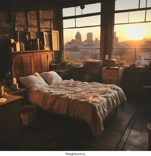 Cozy bedroom with a view of the city