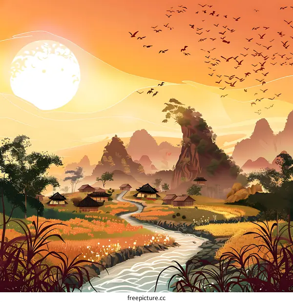 Tranquil Landscape with Birds and a Winding River