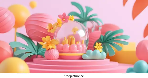 3D Rendered Abstract Background with Flowers, Palm Trees, and a Glass Dome