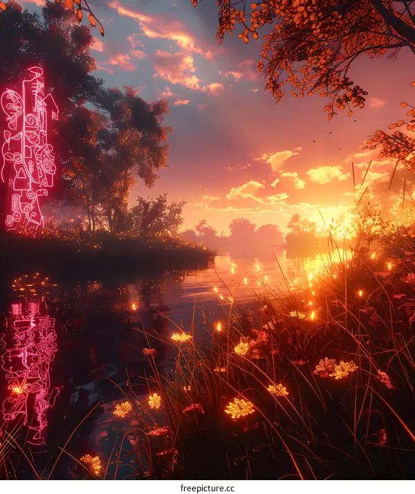 Neon sunset over a tranquil lake