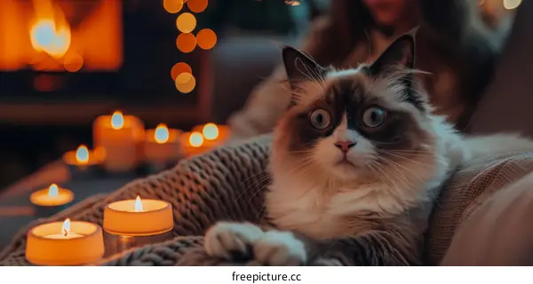 A cat is sitting on a couch with a blanket and candles.