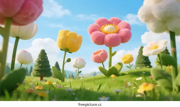 A Vibrant Field of Fluffy, Colorful Flowers Under Blue Sky