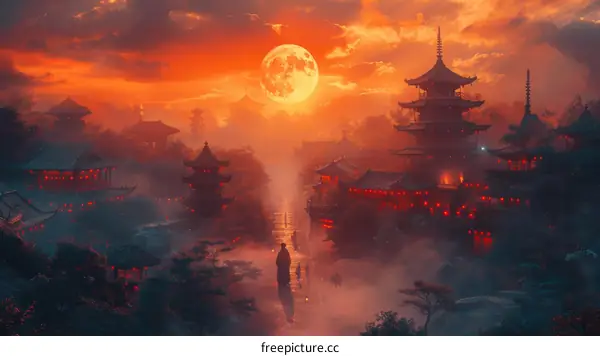 The moon rises over a lonely city