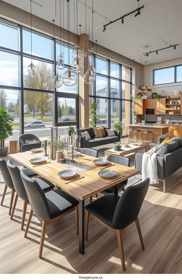An open floor plan living space with a dining table and a living room