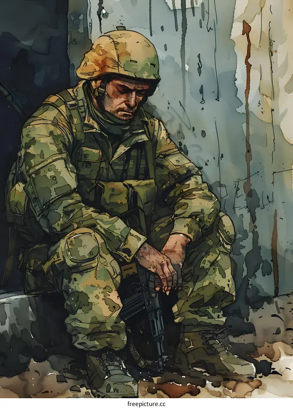 Soldier Sitting on Ground with Rifle
