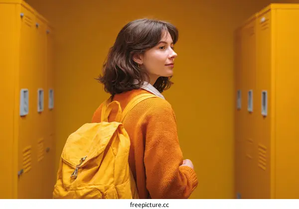Teenage Girl with Backpack in Yellow Locker Room