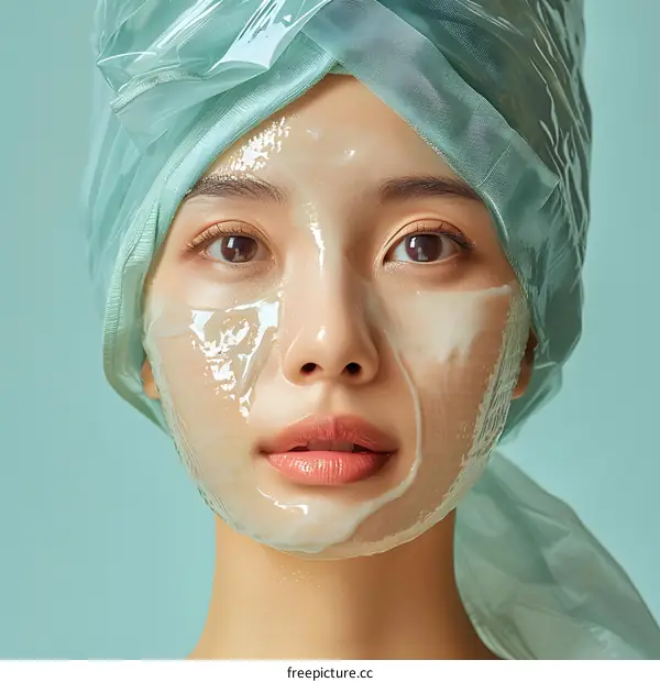 Close up portrait of a young Asian woman with a green facial mask on her face