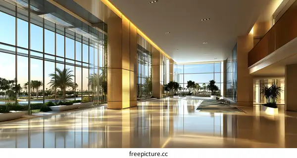 Modern Hotel Lobby Interior Design with Large Windows and Palm Trees