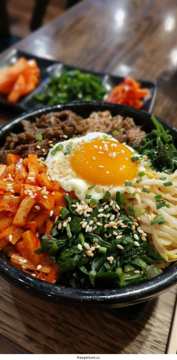 Korean bibimbap with egg, vegetables, and beef