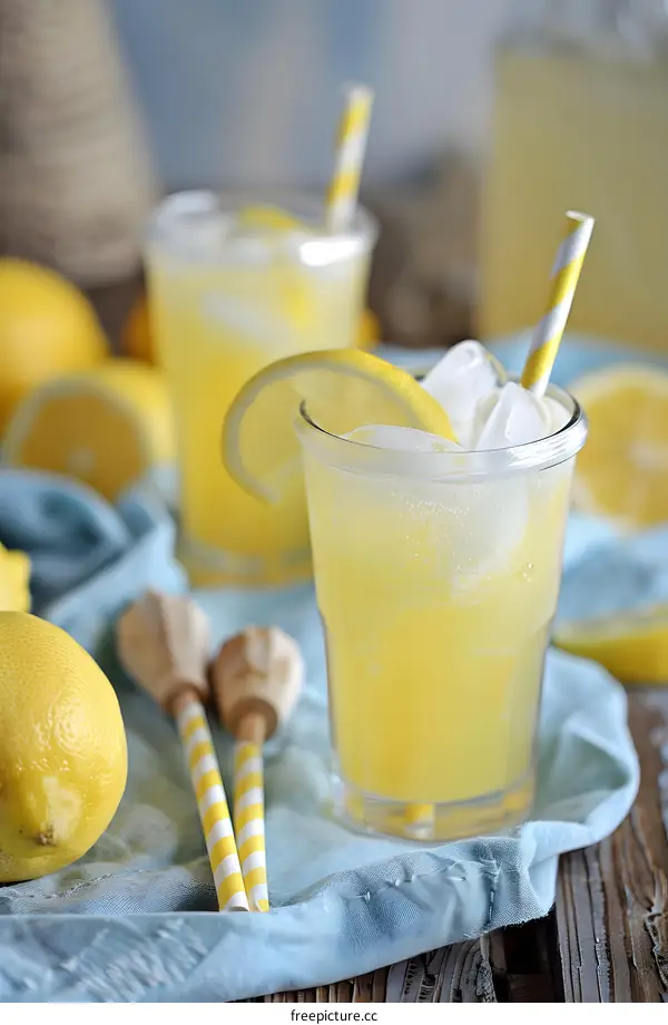 Refreshing Summer Lemonade Drink with Lemon Slices and Straws