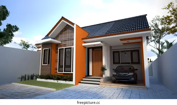 Modern House Design With Orange Exterior And Car