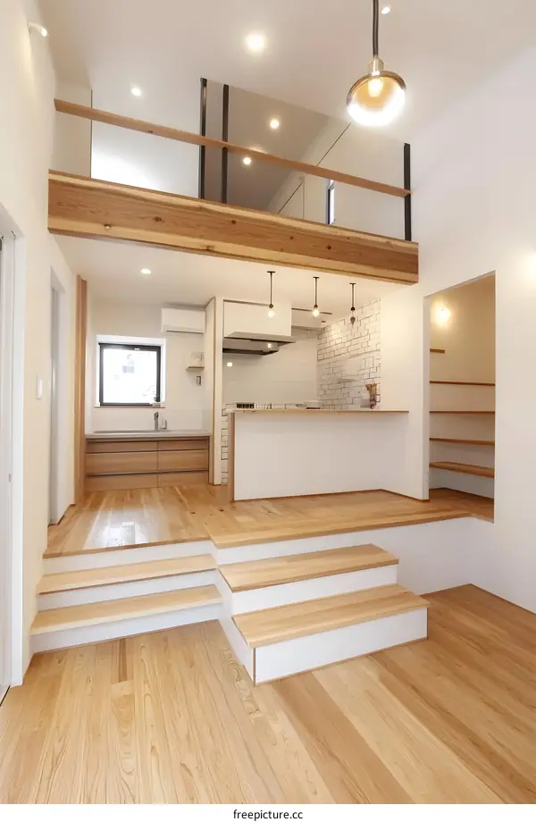 Modern Minimalist Loft Style Interior Design with Wooden Stairs and Kitchen