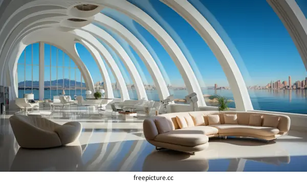 Futuristic Interior of a Modern House with Panoramic Sea Views