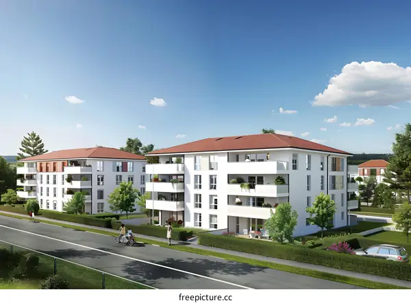 Modern Apartment Building With Red Roof And Green Grass